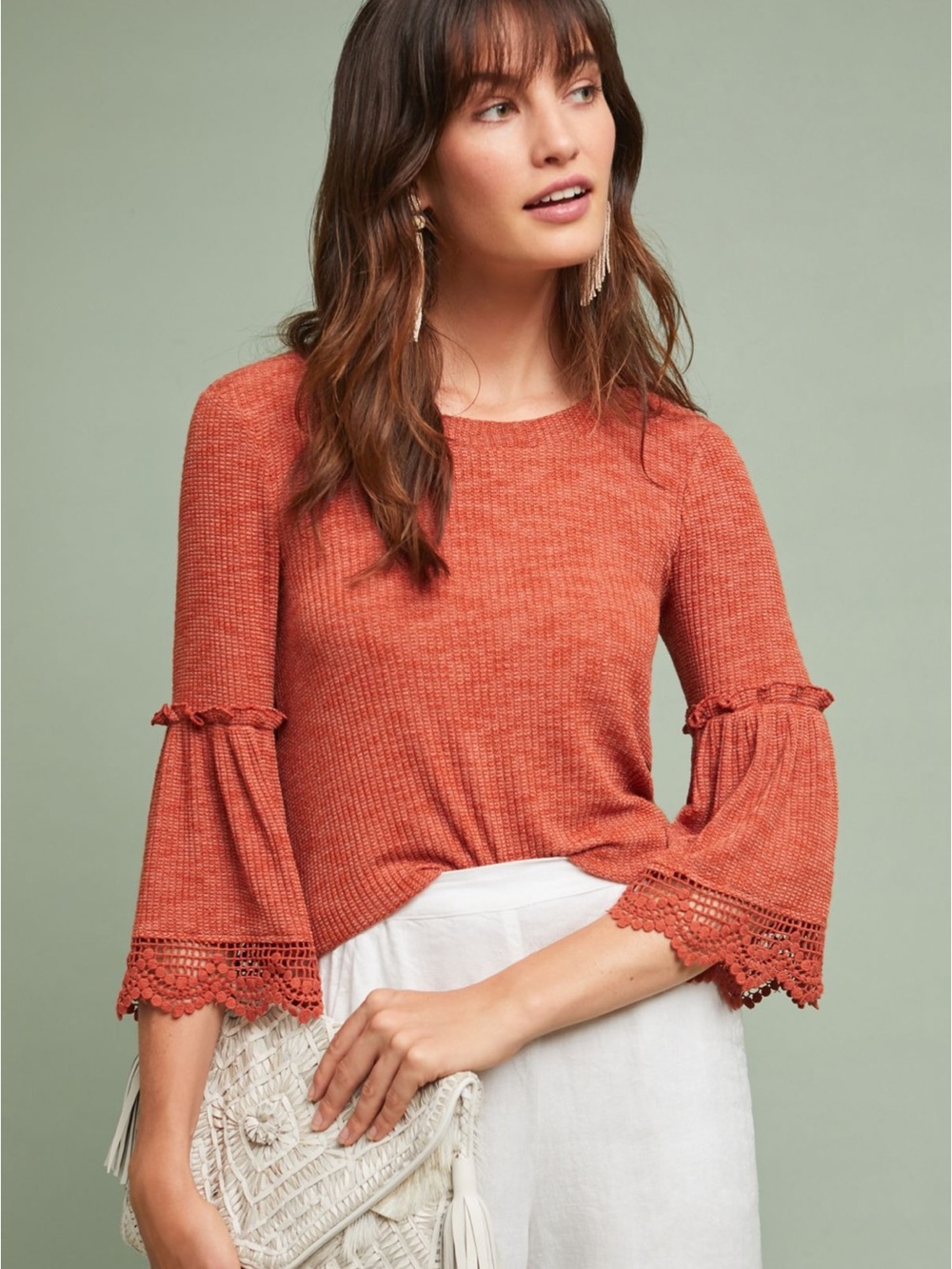 🍂 Anthropologie Eri + Ali Rust Crochet-Sleeve Knit Top - Perfect for Fall 🍁